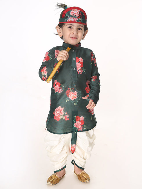 Vastramay SISHU Boys Multicolor-Base-Green Cotton Blend Kurta and Dhoti Set